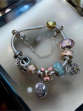 Pandora Silver Bracelet with Pink, Lilac, Aqua & Gold Charms